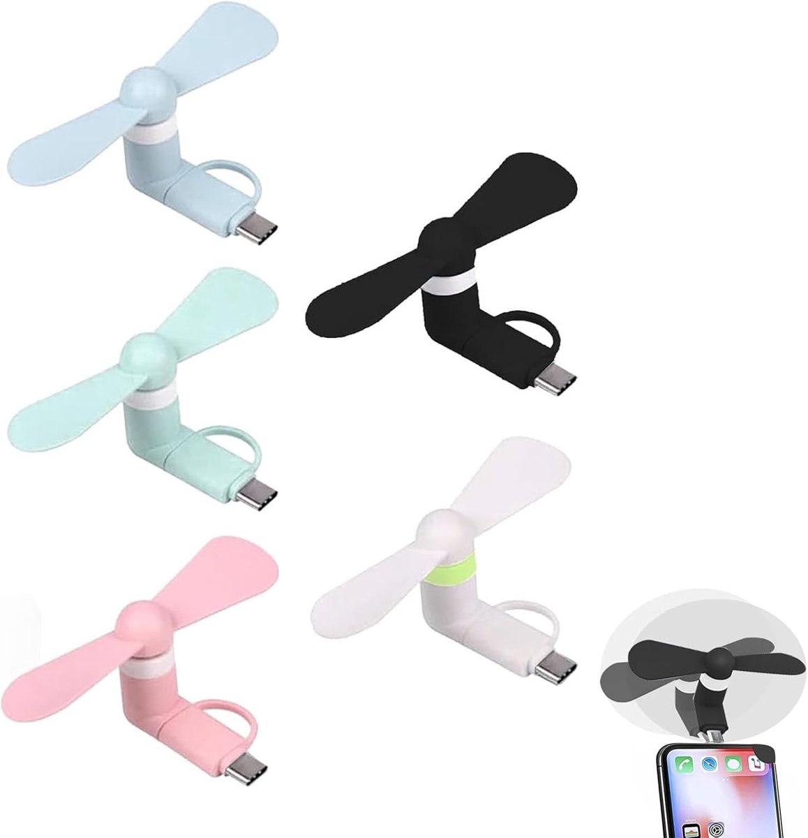 SnelShoppen - Mini USB-ventilator voor Mobiele Telefoon, Draagbare 2-in-1 Ventilator voor Android en USB Type C, 5 Stuks, Ideaal voor Thuis, Op Reis,