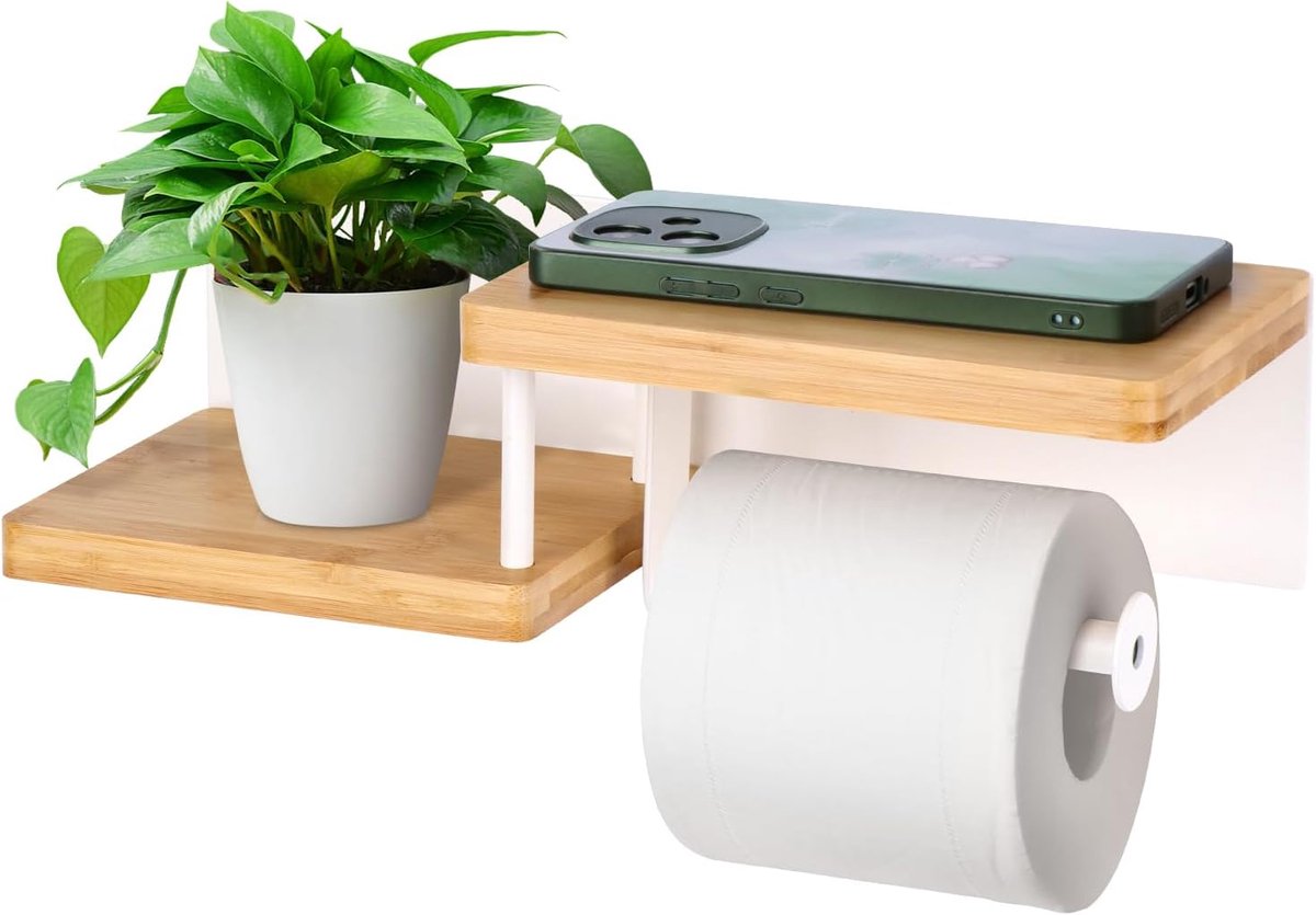 SnelShoppen - Toiletpapierhouder met plank, Wc-rolhouder zonder boren, Staal en Bamboe, Witte Toiletpapierhouder voor Badkamer en Keuken