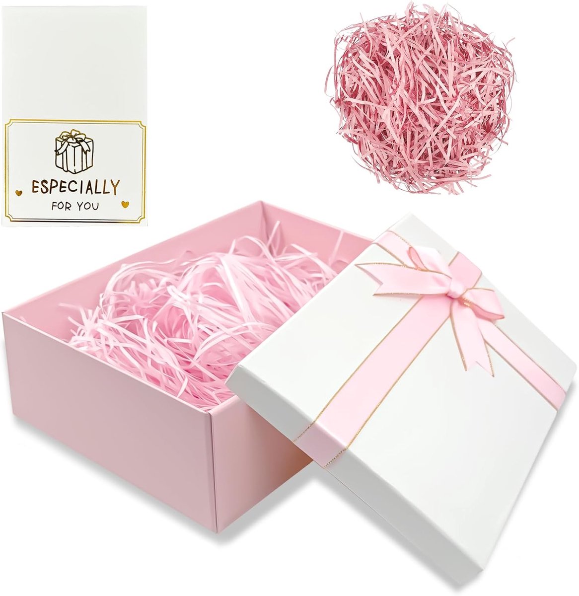 SnelShoppen - Luxe Geschenkdoos met Deksel 25x18x8,5 cm voor Verjaardagen, Bruiloften en Valentijnsdag - Roze Wit met Strik en Wenskaart - Duurzaam Ka