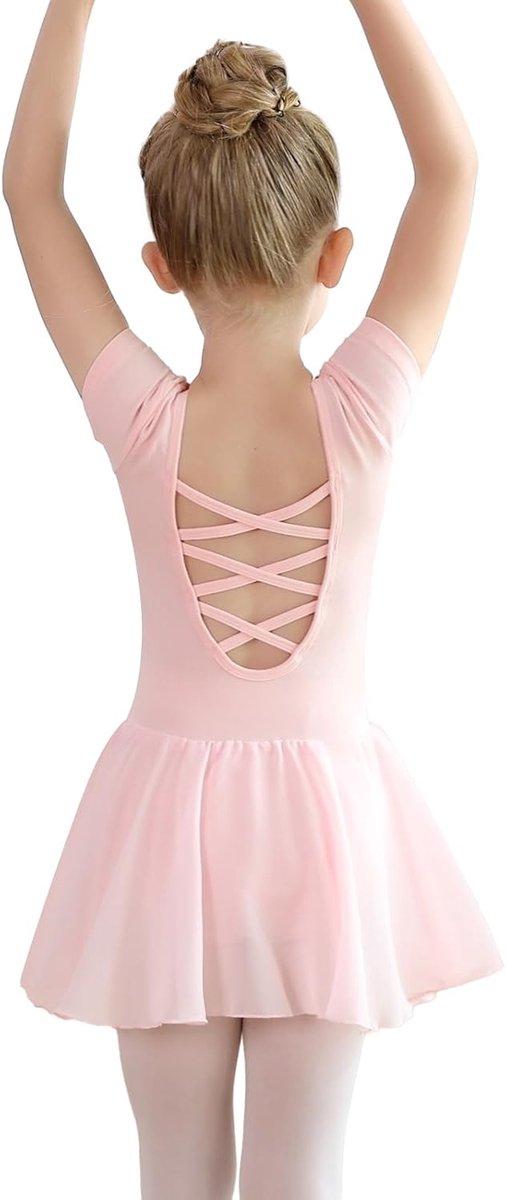 SnelShoppen - Balletjurk voor Meisjes en Dames met Chiffon Rok - Katoen Korte Mouwen Maat 100-170 - Dansbody voor Feest en Training