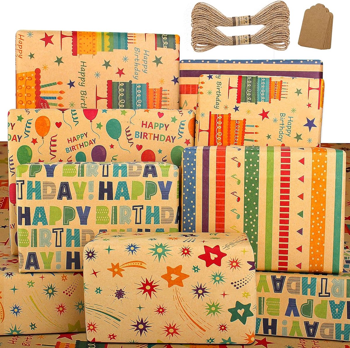 SnelShoppen - Ecologisch Cadeaupapier voor Verjaardag, Kraftpapier met Kleurrijk Gemengd Patroon voor Mannen, Vrouwen, Meisjes en Jongens, 5 Rollen Na