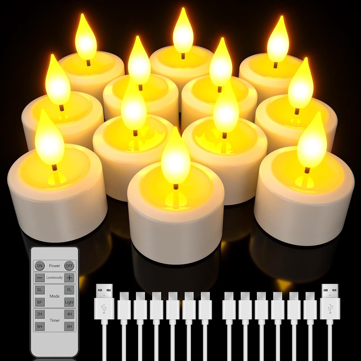 Thijox - Oplaadbare Led-theelichtjes met Timer, Afstandsbediening, 12 Stuks, Flikkerende Vlamloze Kaarsen voor Feest, Camping en Tuin