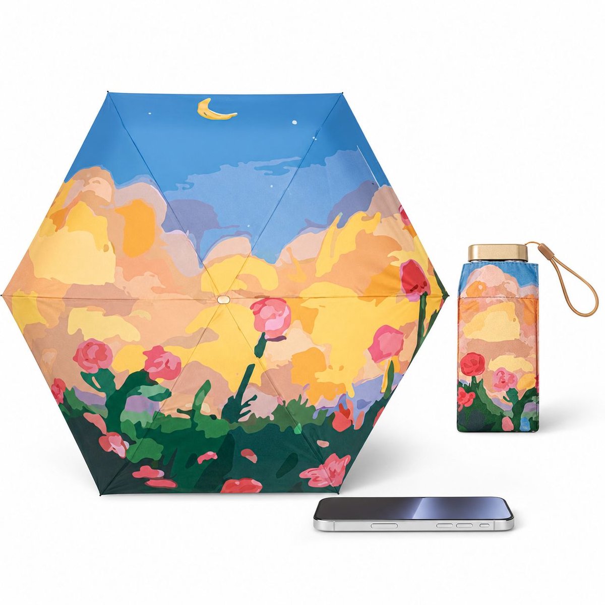 VHV-Compacte 6-vouwbare Paraplu met Olieverf Motief - Lichtgewicht UV-werende Parasol voor Dames - 15CM Mini Reisparaplu voor in de Tas - UPF50+ Zonbescherming