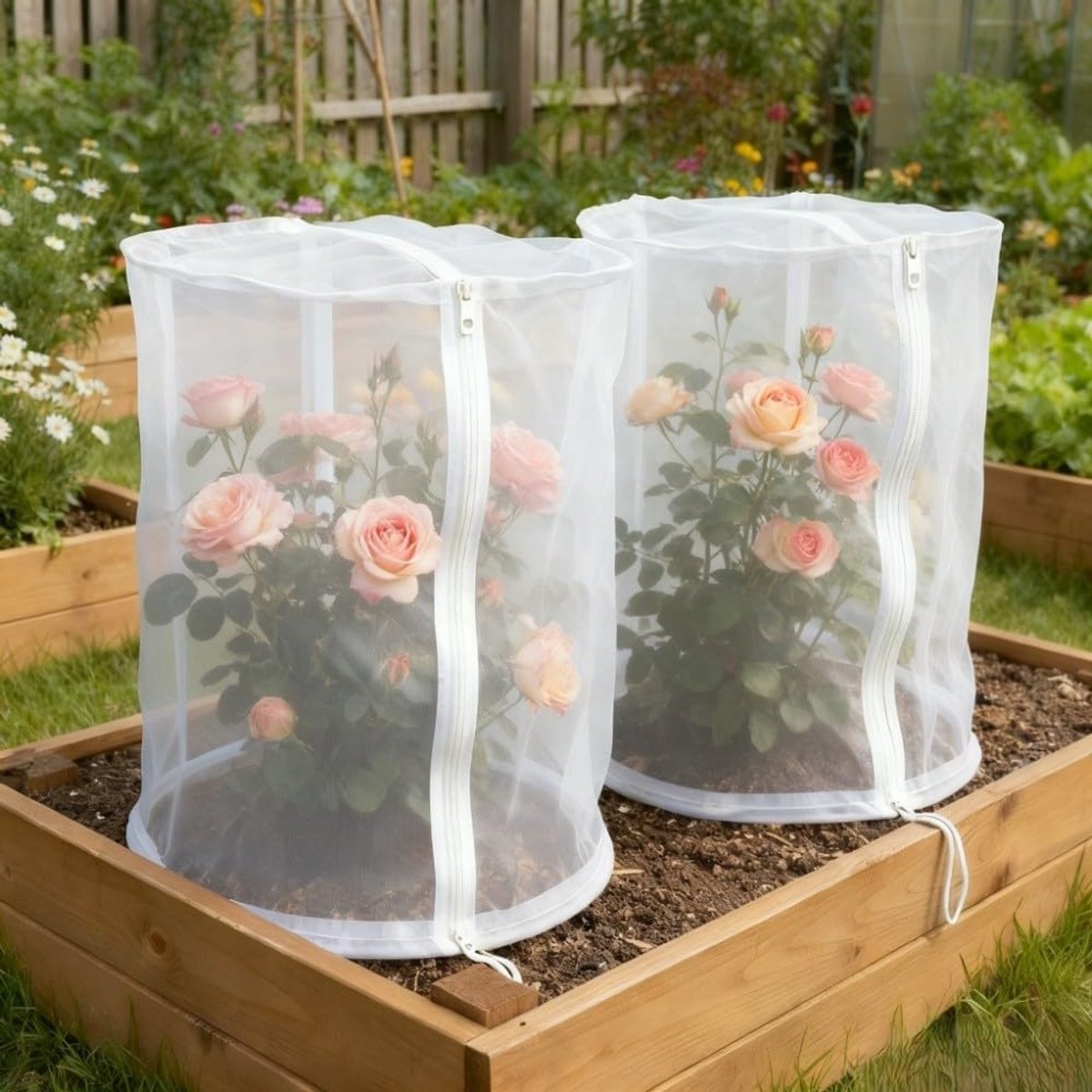 Twee koepelvormige plantenhoezen met ritssluiting - 50×50×100 cm - Opvouwbaar - Kleur ritssluiting willekeurig - Geschikt voor planten zoals tomaten, komkommers en rozen - Beschermt effectief tegen vogels, ongedierte en andere kleine dieren - Wit