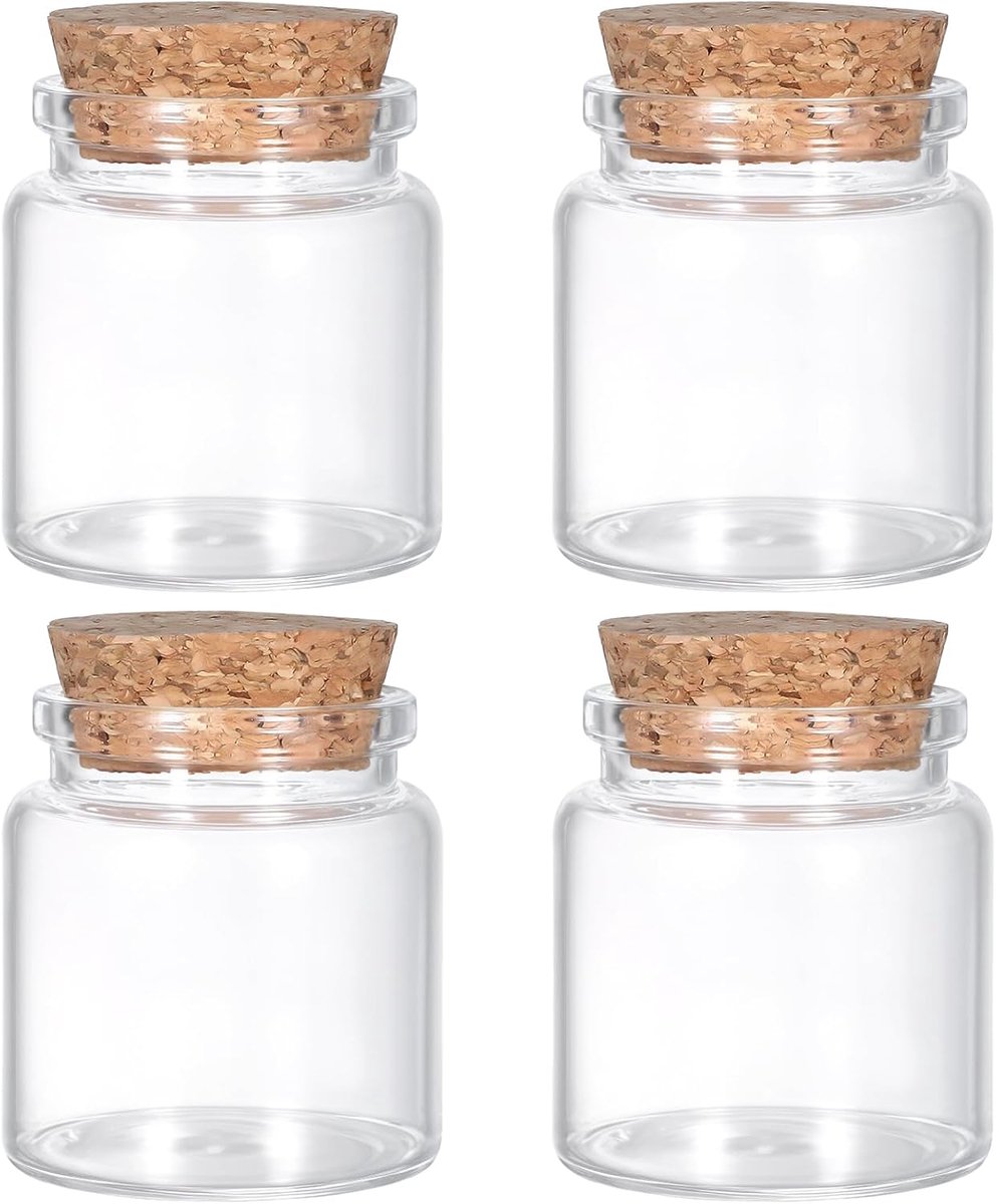 SnelShoppen - 4 Stuks Mini Glazen Flesjes met Kurk 50ml - Kleine Jars voor DIY, Feestdecoratie, Trouwen, Creatief Craften, Glazen Potjes voor Sieraden