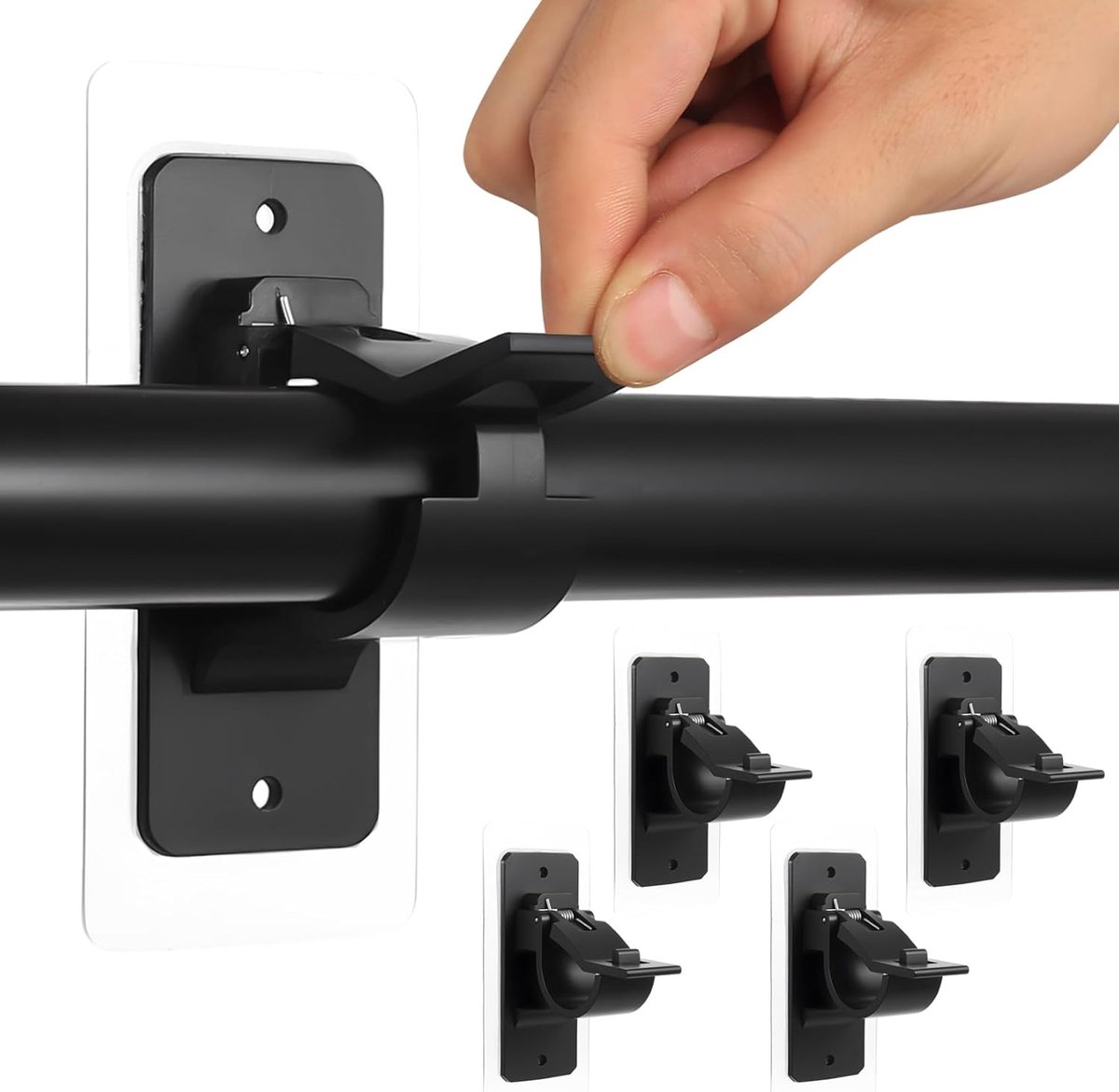 SnelShoppen - Pack van 4 Zelfklevende Gordijnroodhouders, Geen Boren, Sterke Kunststof, Zwart, Voor Badkamer, Slaapkamer, Poles en Ramen