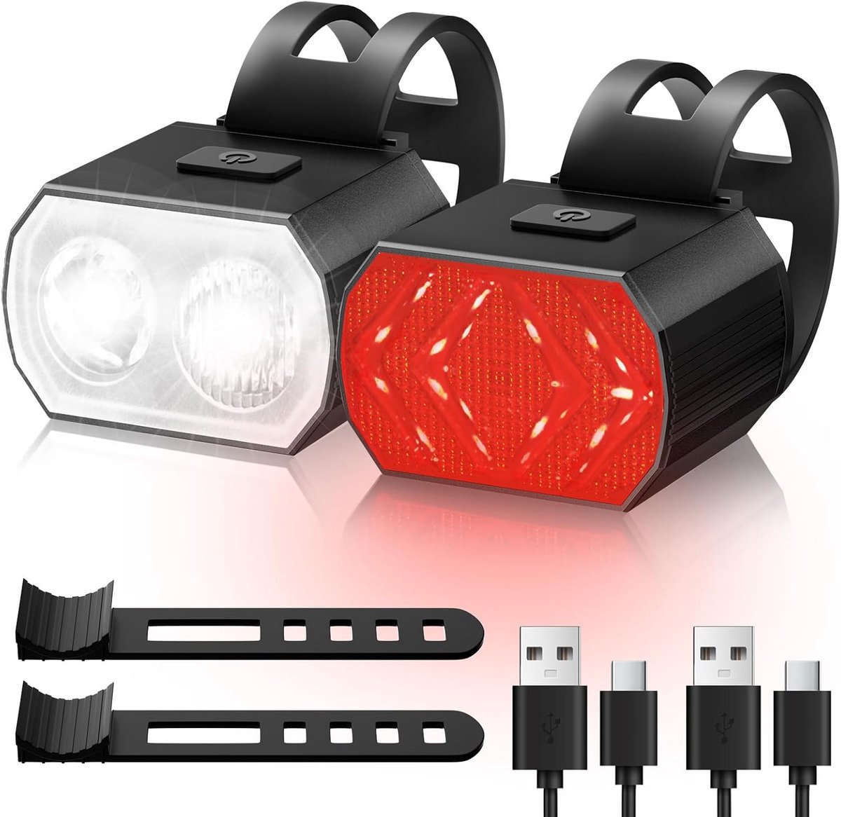 SnelShoppen - Fietslamp Set - 6 + 6 Verlichtingsstanden - Voor- en Achterlicht LED - USB Oplaadbaar - IPX6 Waterdicht - Ideaal voor Mountainbikes en S