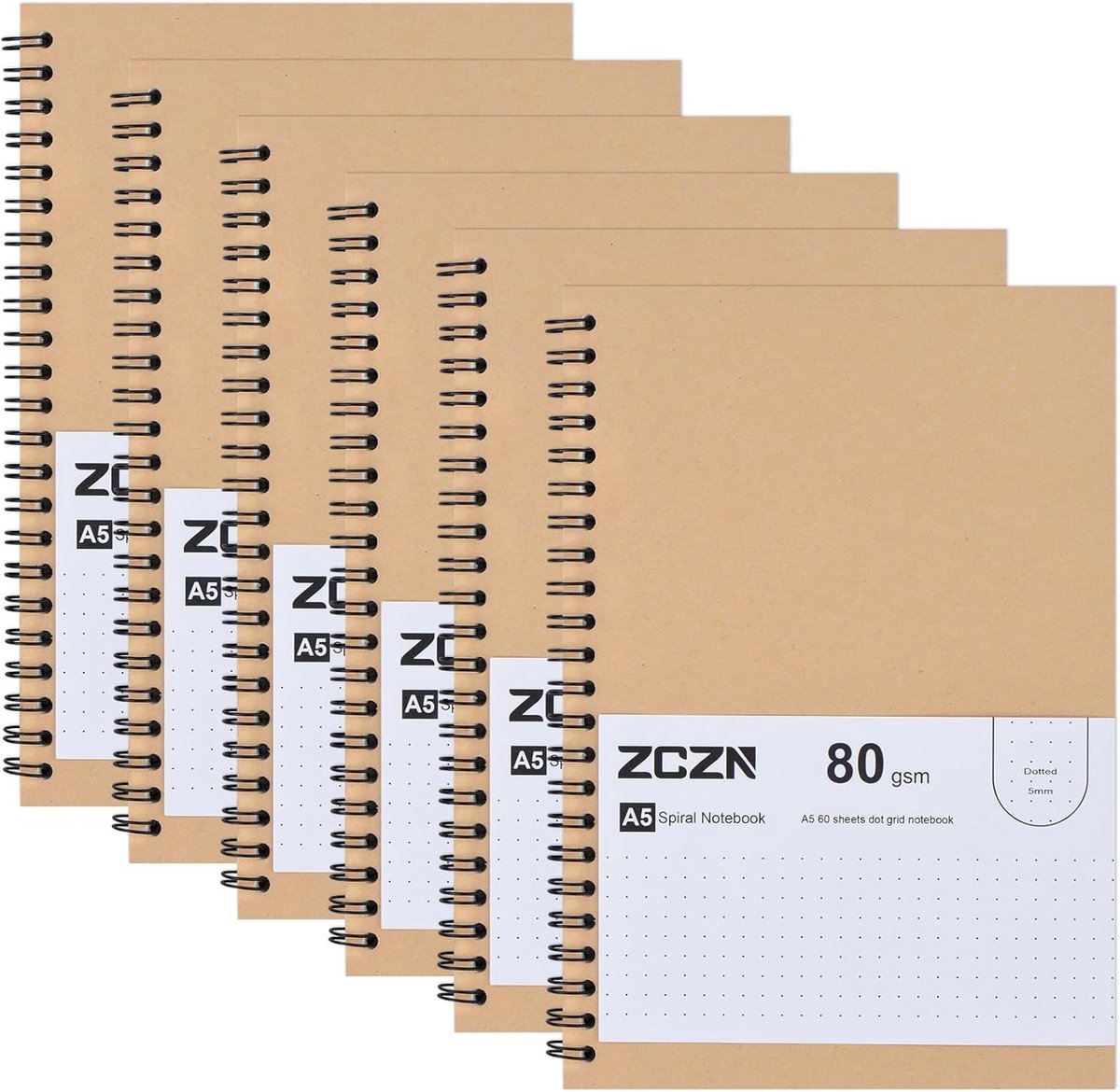 SnelShoppen - Spiral Notebooks A5 Kraft - 6 Stuks - 60 Vellen - 120 Pagina's - Dotted - 80gsm Eco-vriendelijk Papier voor Creatief Schrijven en Planne