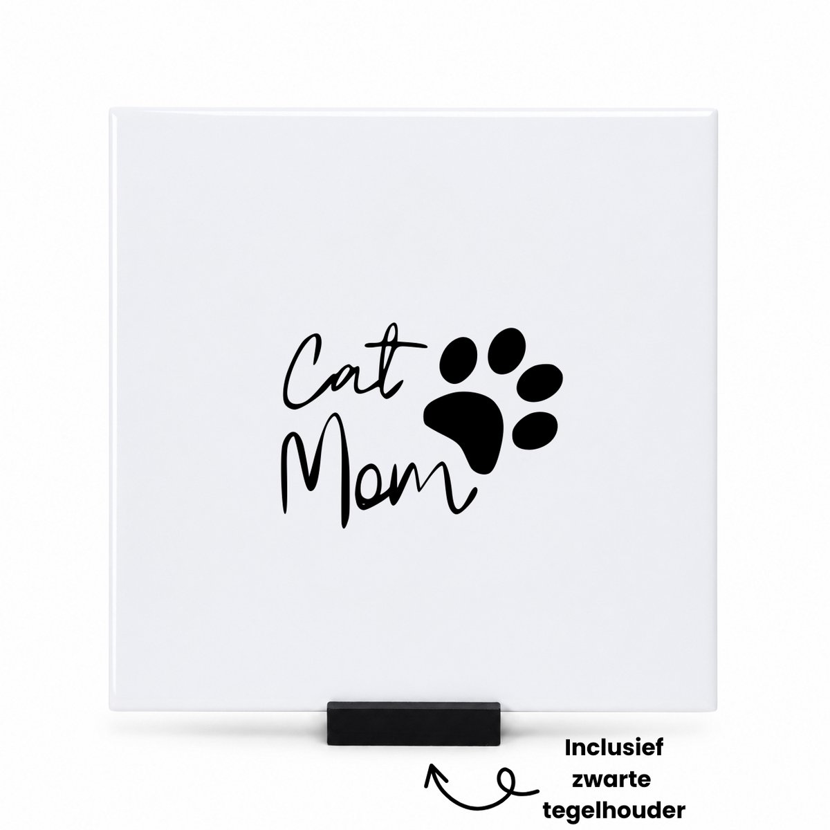 Hacebo Cat Mom tegeltje met tegelhouder - Mama - cadeau mama - tegeltjes met tekst - Leuk cadeau voor je mama om te geven - verjaardag mama - spreuktegels - 15x15 CM Wit