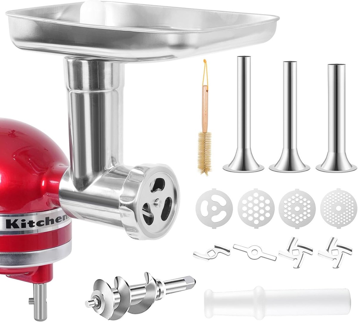 SnelShoppen - RVS Vleesmolen Accessoire voor Keukenmixers, Inclusief 3 Worst Vulbuizen, Afwasmachinebestendig, Ideaal voor Keuken, Koken, Vleesverwerk