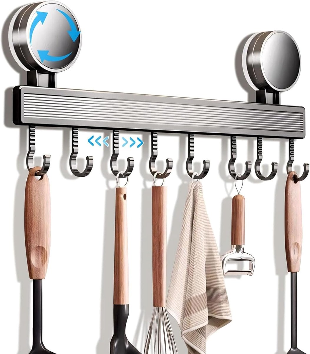 SnelShoppen - Keuken Haak Rack Zonder Boren met Zuignap, 8 Sterke RVS Haken 40cm, Verwijderbare en Plakstrip, Tot 20kg Belasting voor Keukenaccessoire