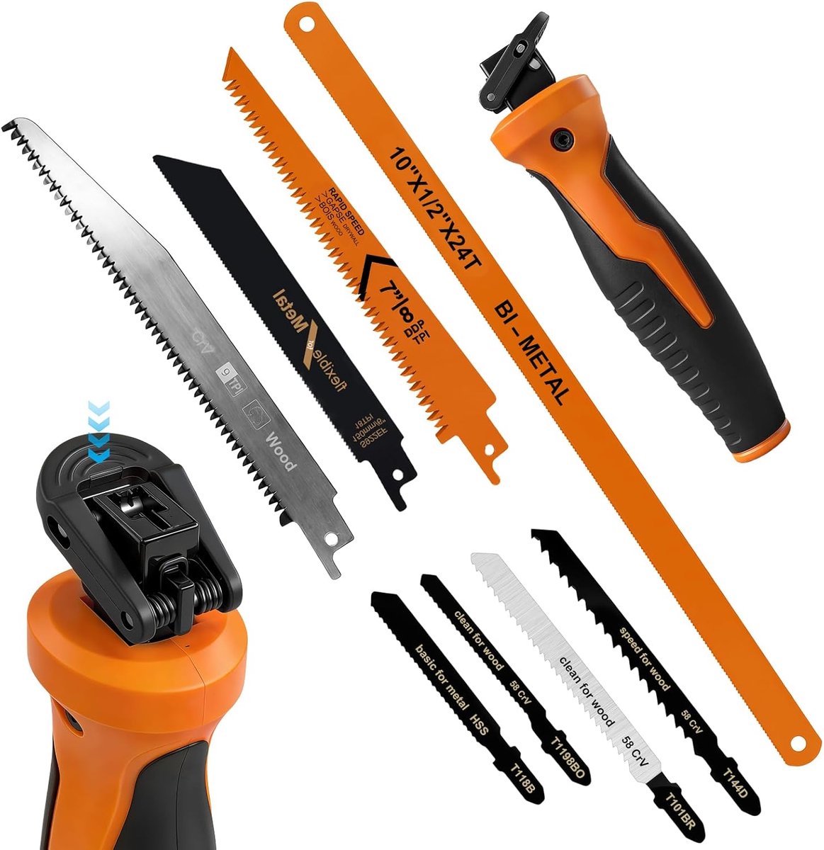 SnelShoppen - 8-in-1 Metalen Zaag Set, Professionele Handzaag voor Hout, Metaal, Gipsplaat, 8 Verwisselbare Bladen, Zelfvergrendelend Ontwerp, Ideaal