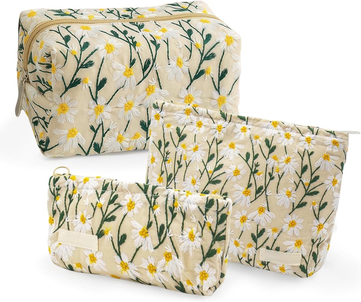 SnelShoppen - 3-Piece Daisy Cosmetic Bag Set voor Vrouwen - Kleine Makeup Tas voor Meisjes - Toilettas - Make-up Organizer voor Purse en Reizen - Bloe