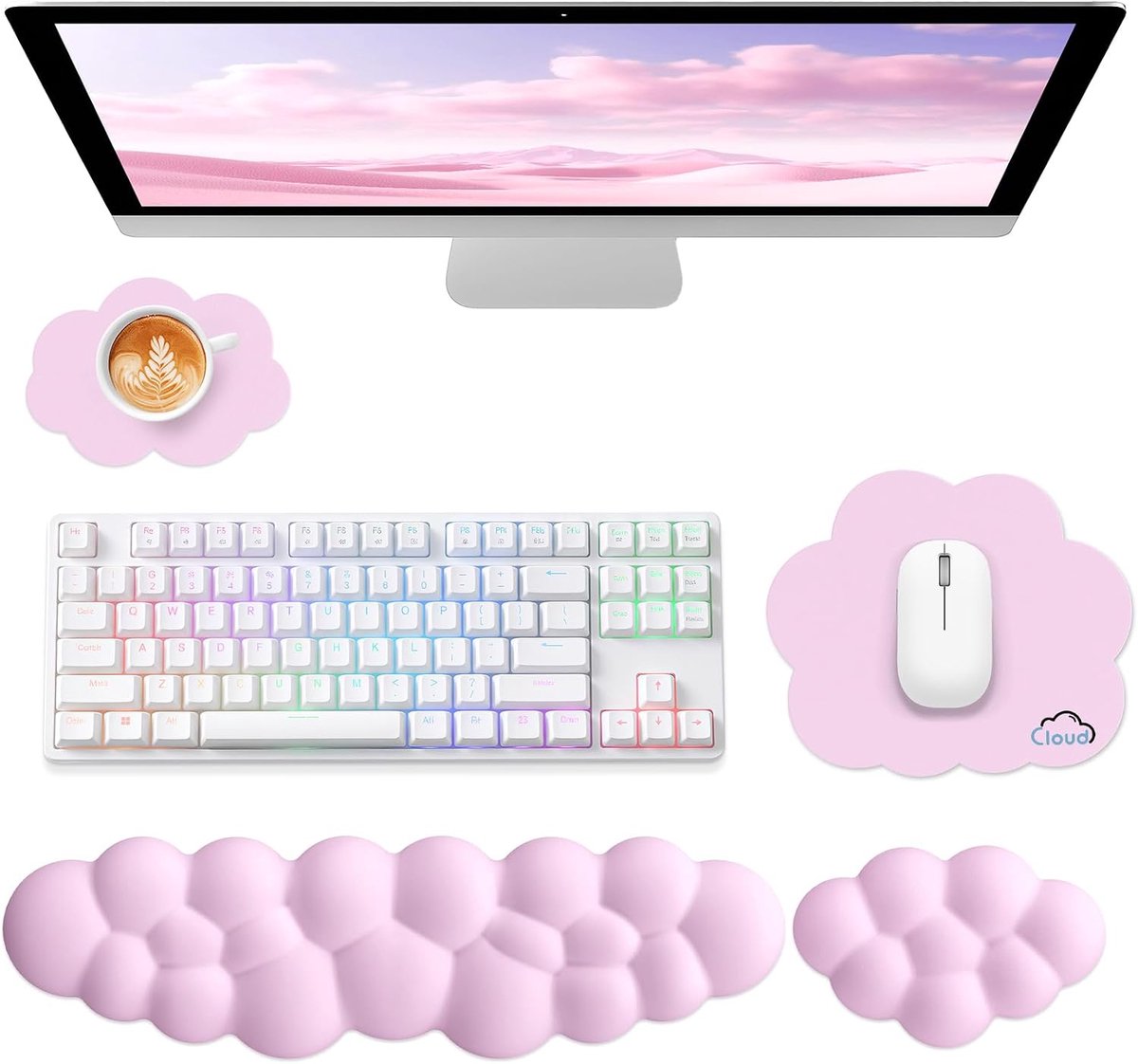 Thijox - Sushret Cloud Polssteun voor Toetsenbord en Muismat Set, 4-in-1 Ergonomische Geheugenschuim Leren Polssteun, Antislip Siliconen Basis, Roze,