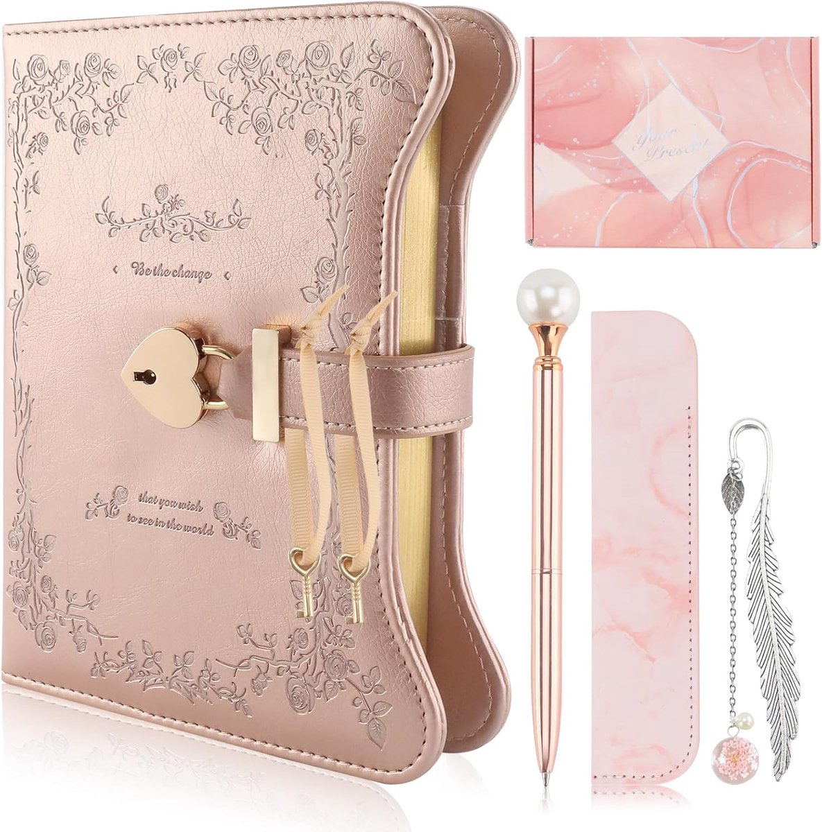 SnelShoppen - Notitieboek Cadeauset voor Meisjes - Roségoud Dagboek met Slot en Sleutel, Schrijfset met Etui, Bladwijzer, 360 Pagina's, Gouden Rand, V