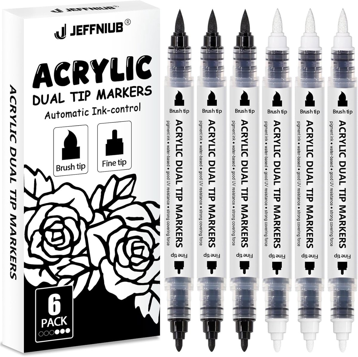 SnelShoppen - Acrylic Brush Marker Brush Tip Set - Zwart en Wit Acryl Pennen voor Steen, Metaal, Glas, Hout, Textiel, Porselein en Keramiek - Dubbele