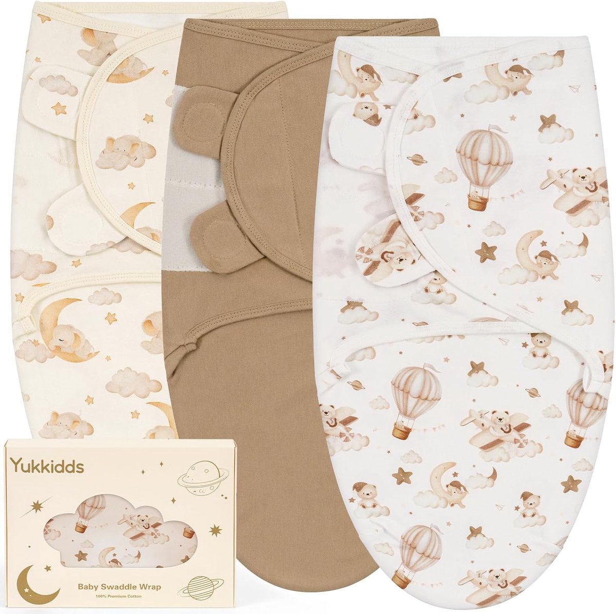 SnelShoppen - Baby Swaddle Blanket 0-3 Maanden 100% Katoen Verstelbare Slaapzakken voor Pasgeborenen 3-Pack Bruine Ballonnen voor Jongens & Meisjes