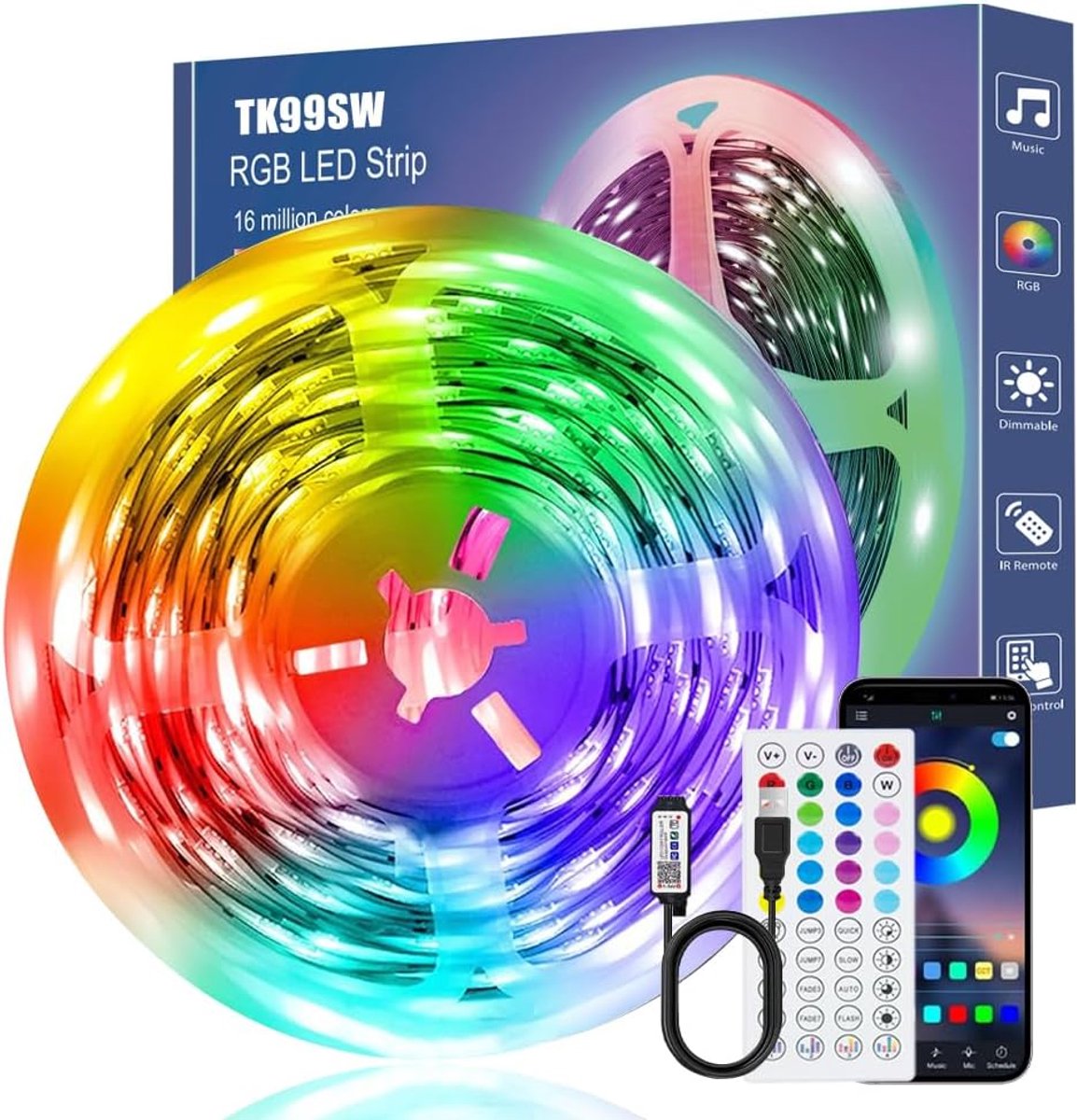 SnelShoppen - LED Strip 8m met Afstandsbediening, App & Muziek Synchronisatie, Dimbare RGB Fairy Lights voor Feesten en Kamers