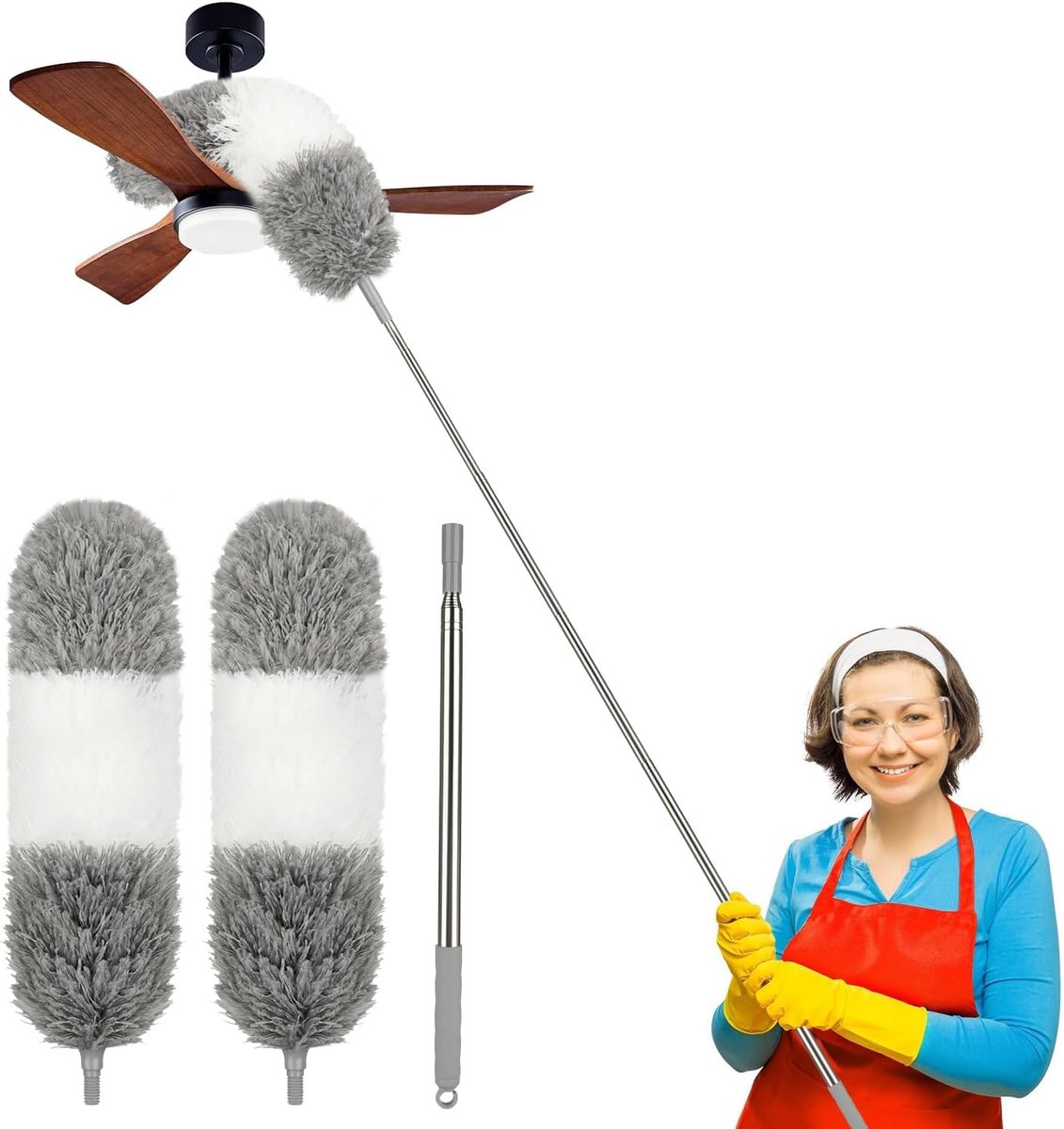 SnelShoppen - Feather Duster met Verlengstang Set voor Spinrag en Stof, 40-250 cm, Extra Lange Aluminium Telescoop Stok met 2 Microvezel Hoofden, Flex