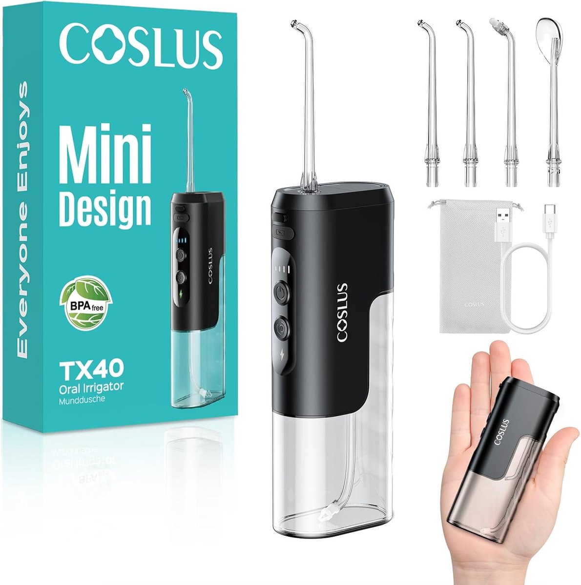 SnelShoppen - Draadloze Mini Tandirrigator, Compact en Waterdicht, 4 Modi, Afneembare Container, Ideaal voor Orthodontie en Gevoelige Tanden, Zwart Gl