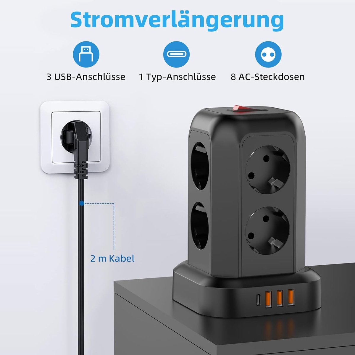 SnelShoppen - 8-Weg Stekkerdoos met Schakelaar, 3 USB Poorten, 1 USB C, 2 m Verlengsnoer, Meerdere Stopcontacten, Overspanningsbeveiliging voor Thuis