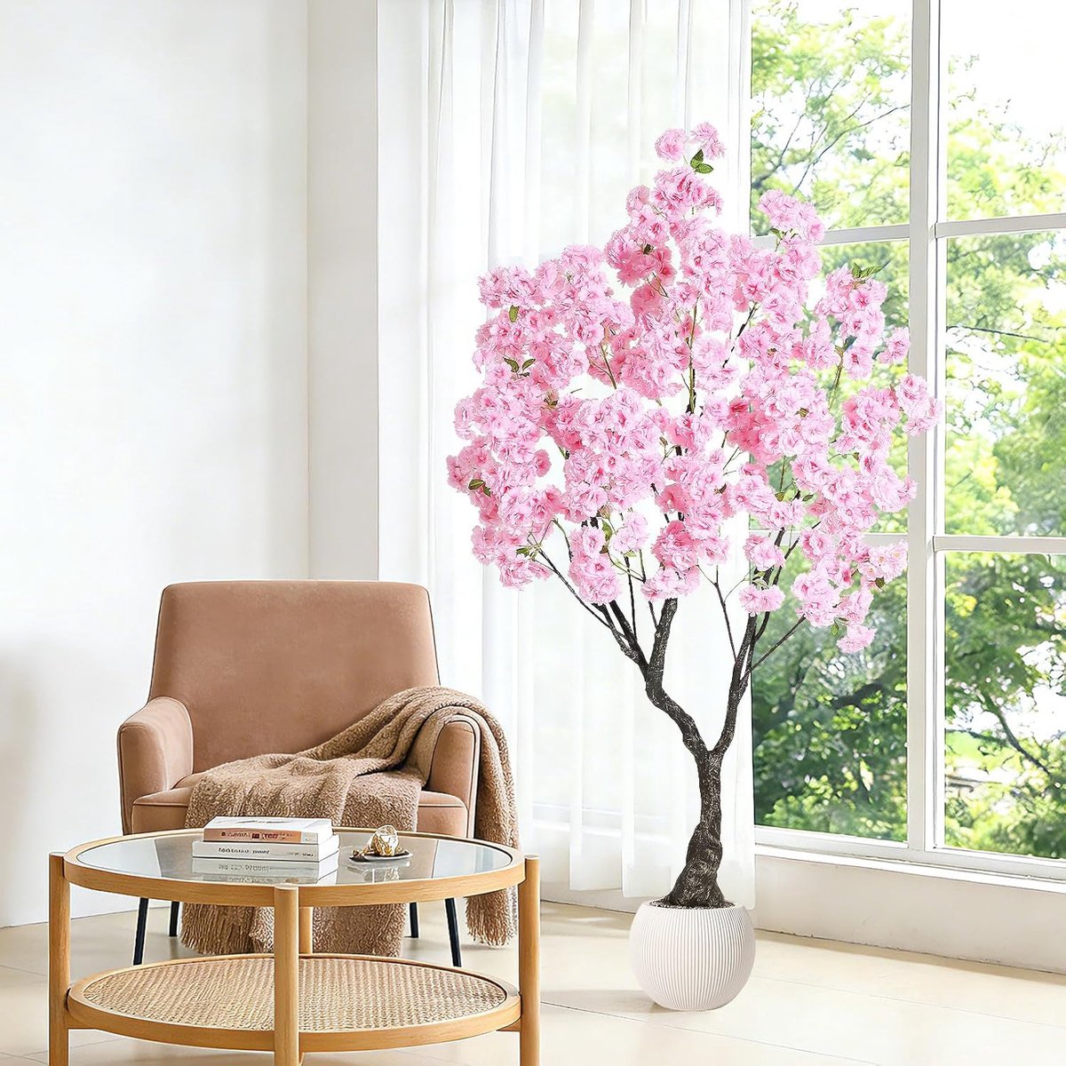 Realistische roze kunstkersenbloesemboom in pot – 6FT (180 cm) kunstplant – zijden bloemen en levensechte bladeren – UV-bestendig – onderhoudsvriendelijke decoratieve boom – voor binnen en buiten, thuis