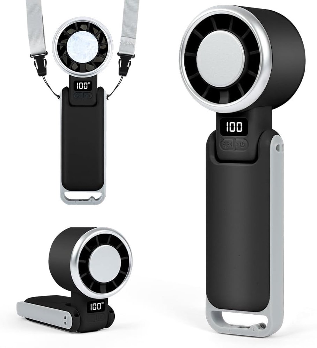 SnelShoppen - Draagbare Handventilator Turbo, 180° Vouwbaar, Met Lanyard - Zwart | 3600mAh Accucapaciteit, 5 Krachtige Snelheden, USB-C Oplaadbaar, Vo