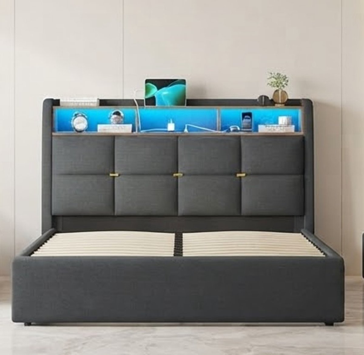 Luxe Gestoffeerd bed 140x200 cm - 140x200 cm - Grijs - Novihome