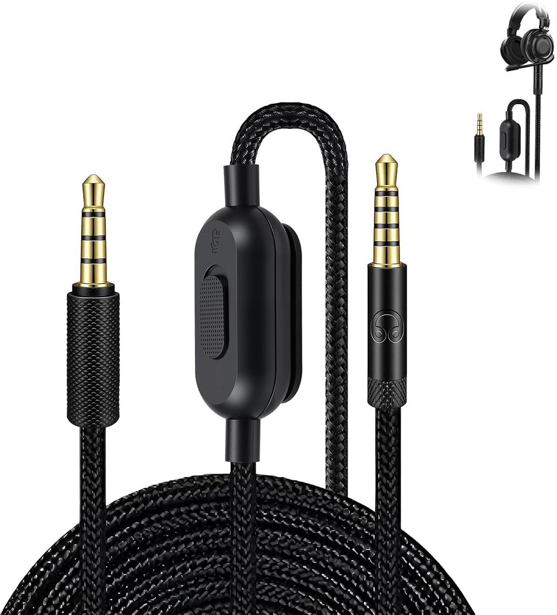 SnelShoppen - Hoofdtelefoonkabel 3,5 mm voor Gaming Hoofdtelefoons, Gevlochten Reservekabel met Volumeregeling en Mute-knop, 2 m Zwart, Compatibel met