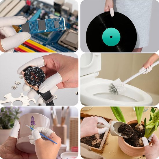 Collage: Handen met vingercondooms bij computeronderdelen, vinylplaat, horloge, toilet, bloempot en schilderwerk.