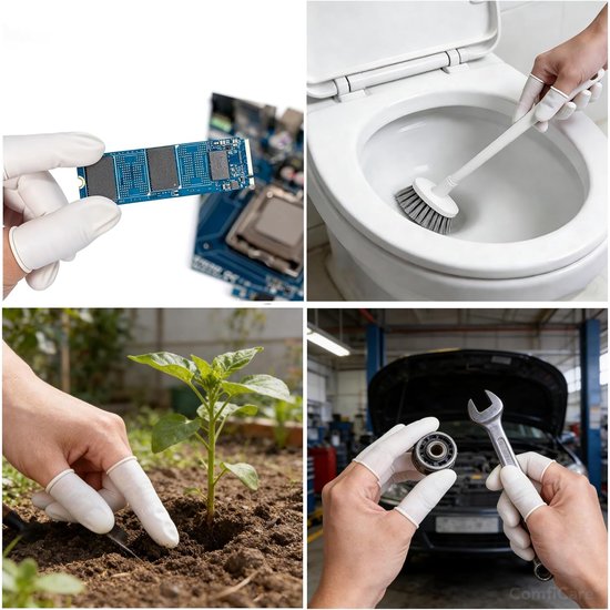 Collage van vier afbeeldingen: hand met printplaat, toiletborstel in toilet, planten poten, en hand met lager en moersleutel.