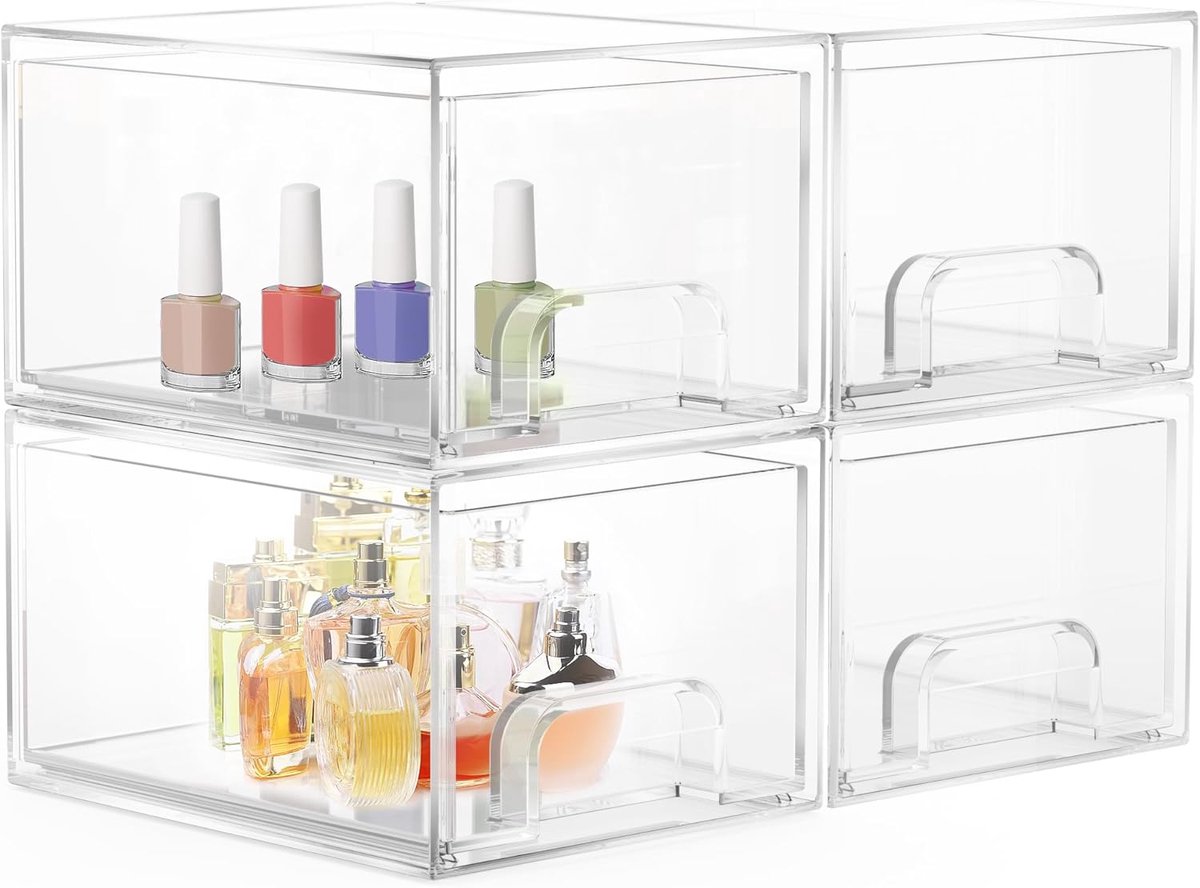 Thijox - 4 Stuks Stapelbare Lade-Organizer - Transparant Acryl Badkamerorganizer voor Make-up, Deur, Eetkamer - Multifunctionele Huisorganisatie met 3