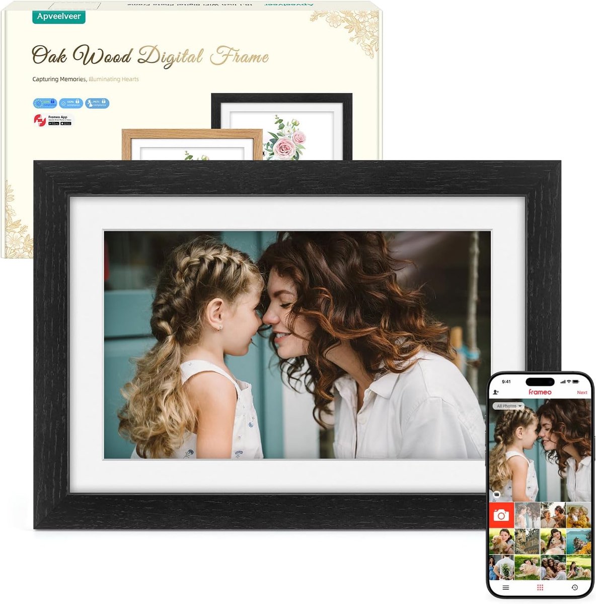 SnelShoppen - Digital Photo Frame WiFi Zwart Eikenhout 10.1 Inch, 32GB Geheugen, 1280*800 IPS HD Touchscreen, Foto's Video Delen via Frameo APP, Perfe