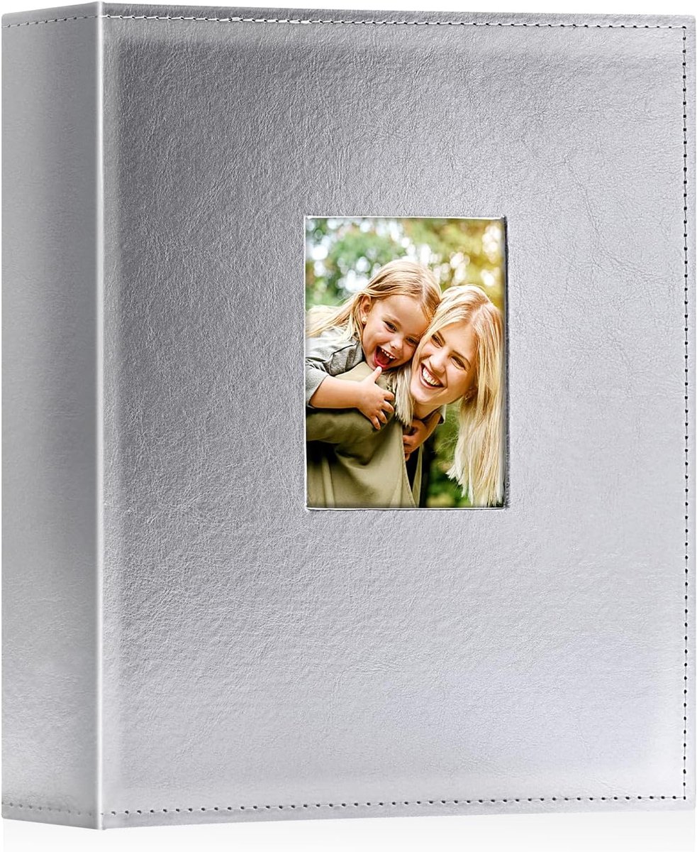 SnelShoppen - Fotoalbum 10 x 15 cm, 400 Compartimenten, Luxe Lederen Insertion Album voor Portretten, Zilver, 50 Vellen, Ideaal voor Feesten en Herinn