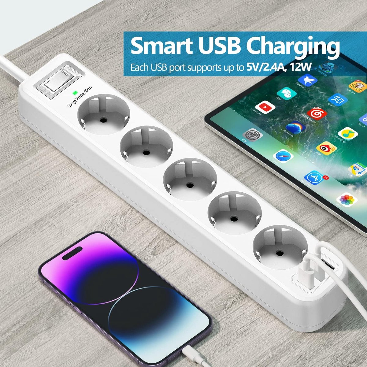 SnelShoppen - 5-Way Power Strip met 3 USB Oplaadpoorten, 16A Wandmontage Stekkerdoos met Overspanningsbeveiliging en 1.8M Kabel voor Thuis, Kantoor, C