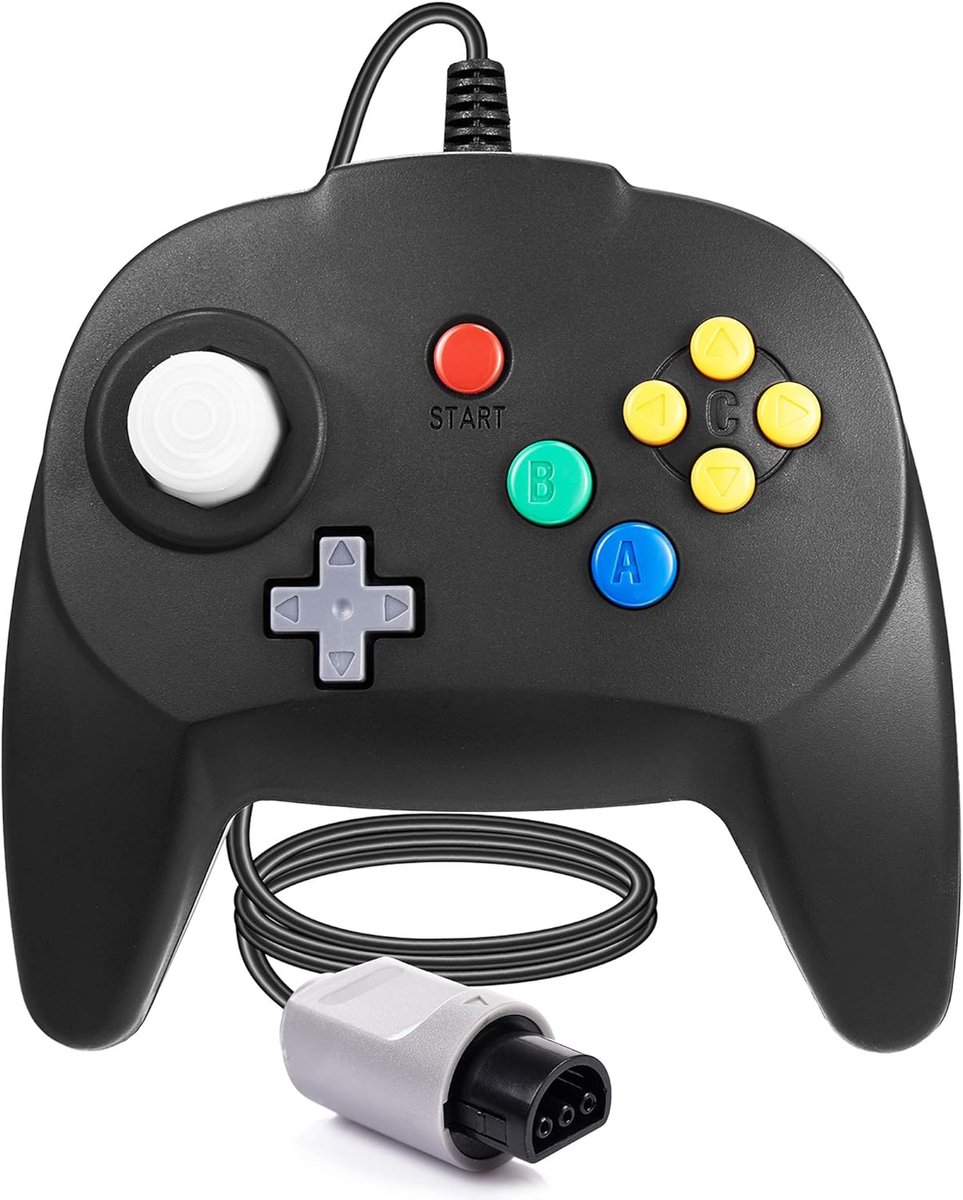 SnelShoppen - N64 Bedrade Controller voor N64 Console | Plug & Play Gamepad met Verbeterde Joystick in Zwart | Ondersteunt Geheugenkaart & Rumble Pack