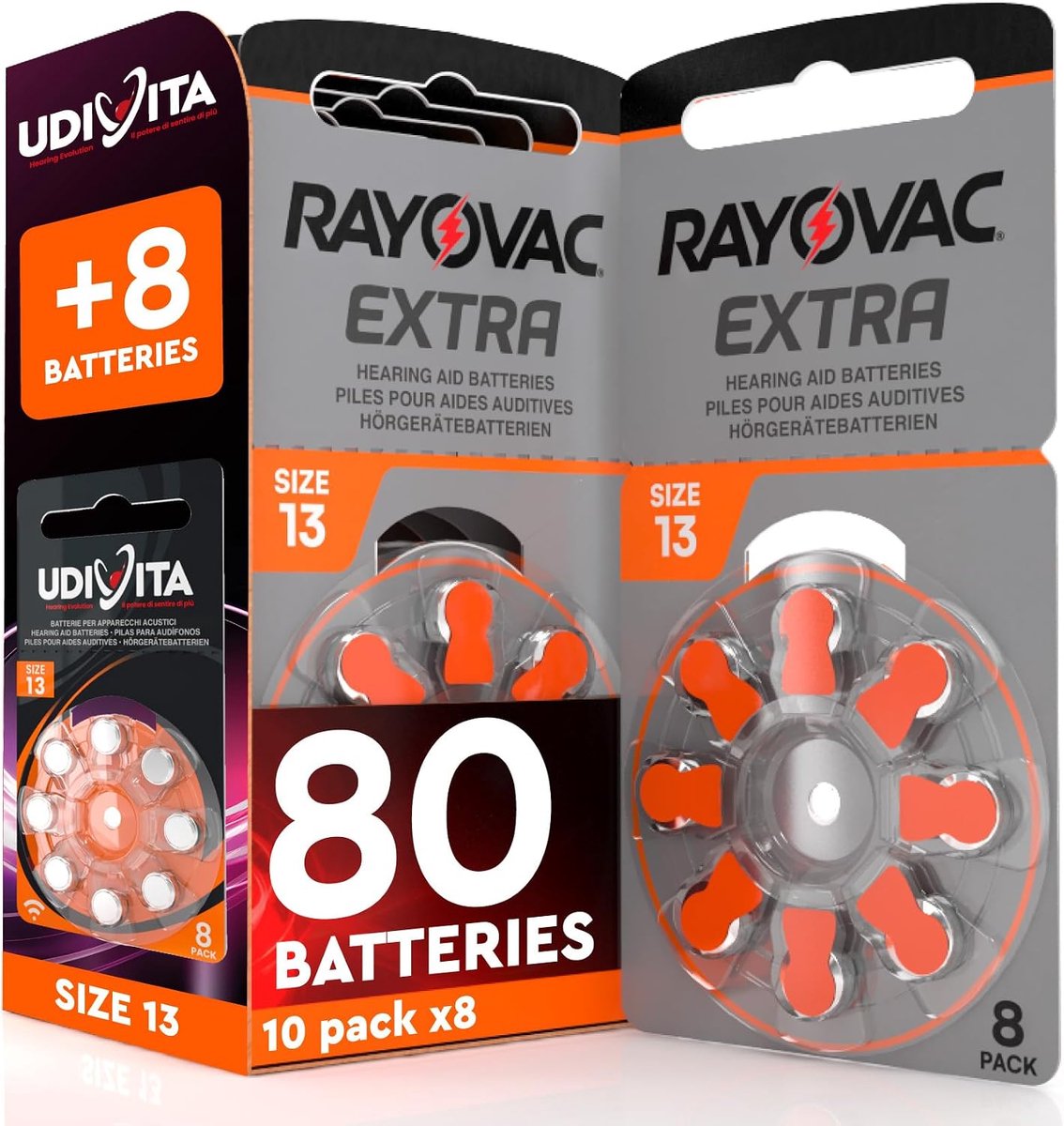 SnelShoppen - 80 Gehoorapparaat Batterijen Maat 13 + 8 Udivita - Zinc Air 1.45V 310 mAh - Geschikt voor Gehoorapparaten, Langdurig, Milieuvriendelijk,