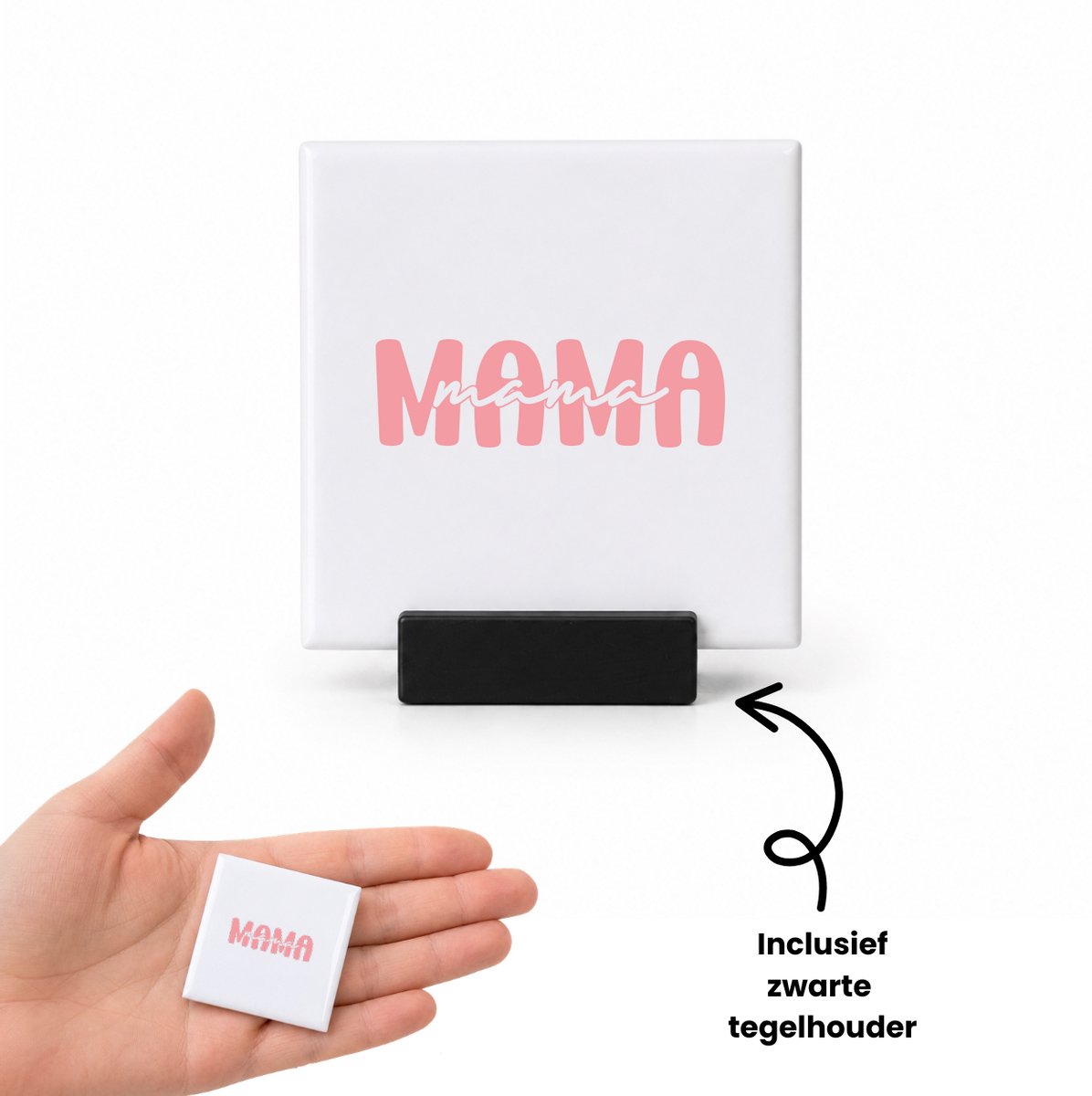 Hacebo Mama in moderne roze blokletters tegeltje met tegelhouder - Liefste mama - Mama - tegeltjes met tekst - moederdag cadeautje - Cadeau voor mama - Verjaardag - Geschenk - Cadeau - Gift - spreuktegels - 4.8x4.8 CM Wit