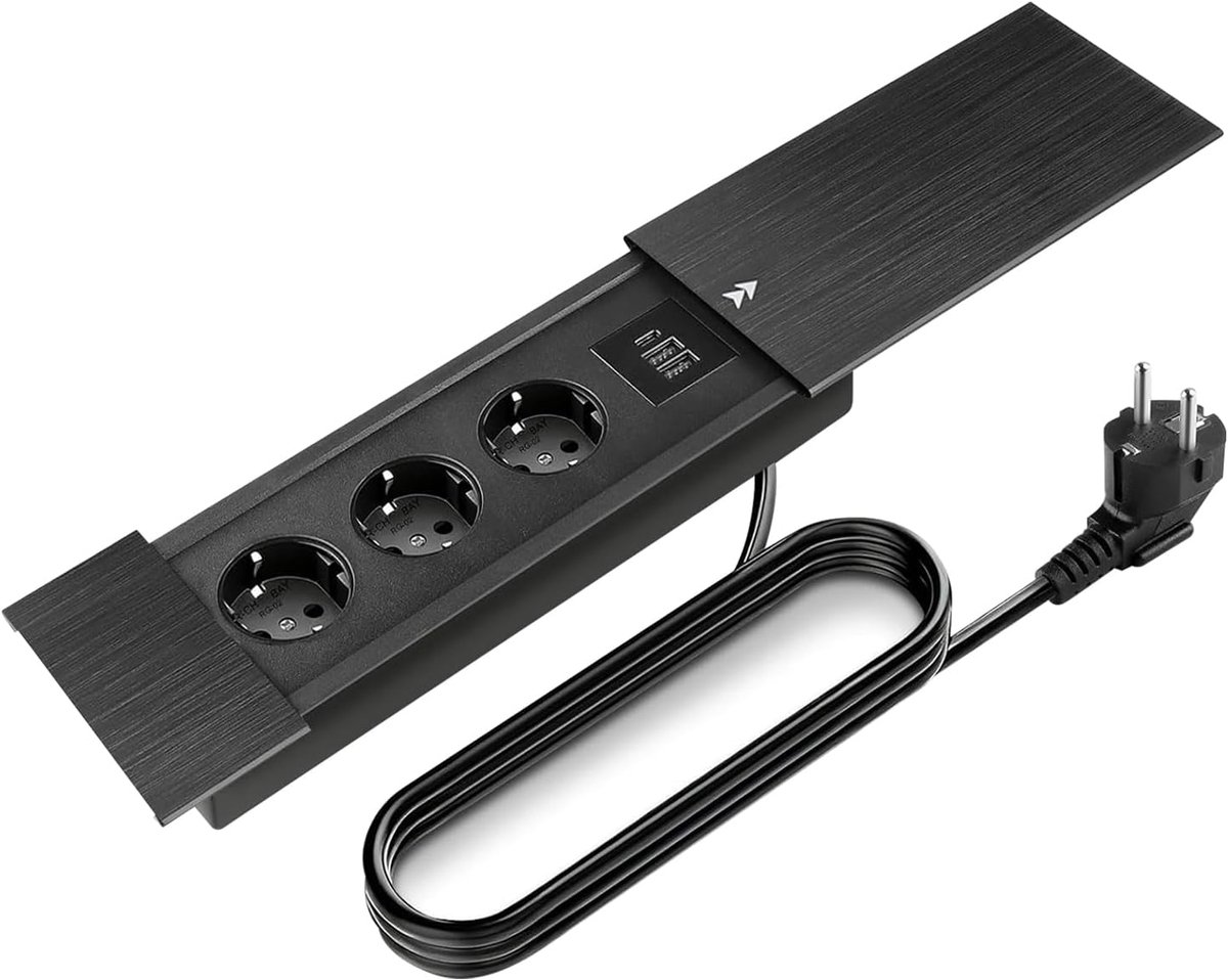 SnelShoppen - Aluminium Tabletop Recessed Socket met 3 EU Sockets, 2 USB en Type C Aansluitingen, 250 V, 16 A/3000 W, Inbouw Socket met Glijdend Dekse