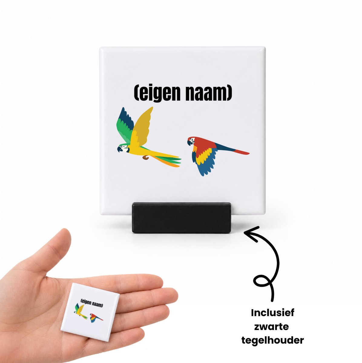 Hacebo 2 vliegende papegaaien tegeltje met tegelhouder - Papegaai - papegaai liefhebbers - tegeltjes met tekst - met eigen naam - Papegaai spullen - Gepersonaliseerd - spreuktegels - 4.8x4.8 CM Wit