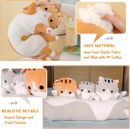 SnelShoppen - Soft Long Plush Pillow - Schattige Pluche Kat Kussens, Grote Pluche Speelgoed, Cuddle Toys voor Kinderen en Vriendin (Grijs, 70cm) van Snelshoppen — afbeelding 4