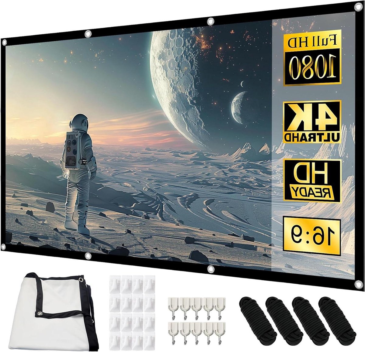 Projectiescherm Canvas - Draagbaar Scherm - Thuisbioscoop Creëren - Dubbel Dik Materiaal - 100 inch 16:9 - Wit met Zwarte Rand