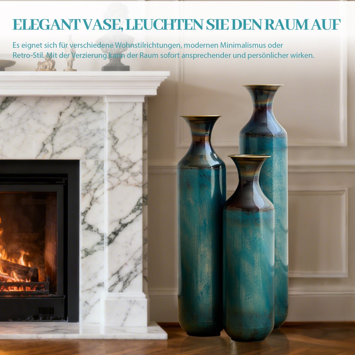 MIVRAY Vaas - Handgemaakt Met Patina Look - 3 Maten 52 62 72 cm - Metaal - Blauwgroen - Voor Droogbloemen in Woonkamer en Hal
