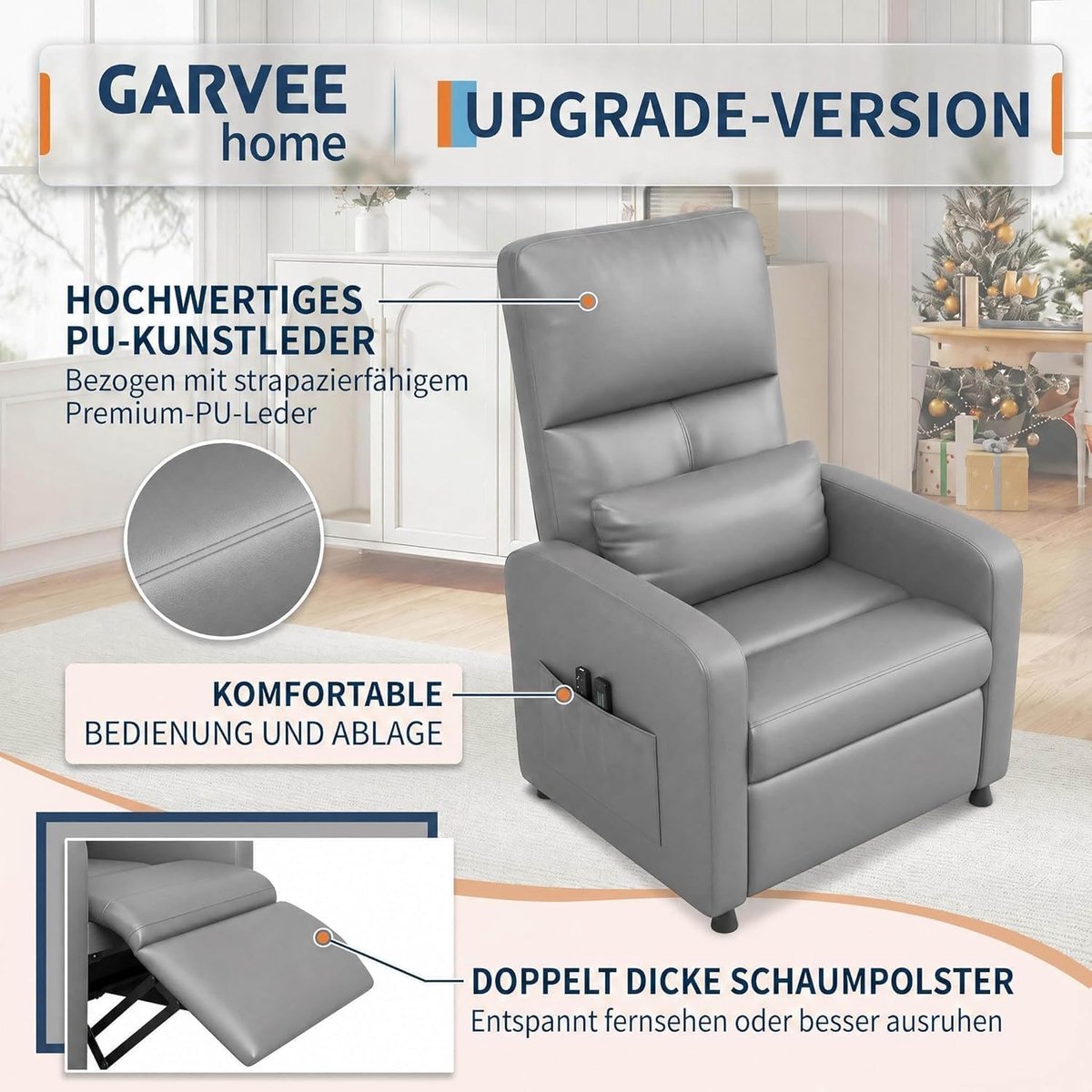 Elektrische Relaxstoel met Massage en Verwarming - Verstelbare TV-fauteuil (90°-150°) - PU-Leer - Geheugenfunctie - Grijs - Max. 136 kg – foto 2
