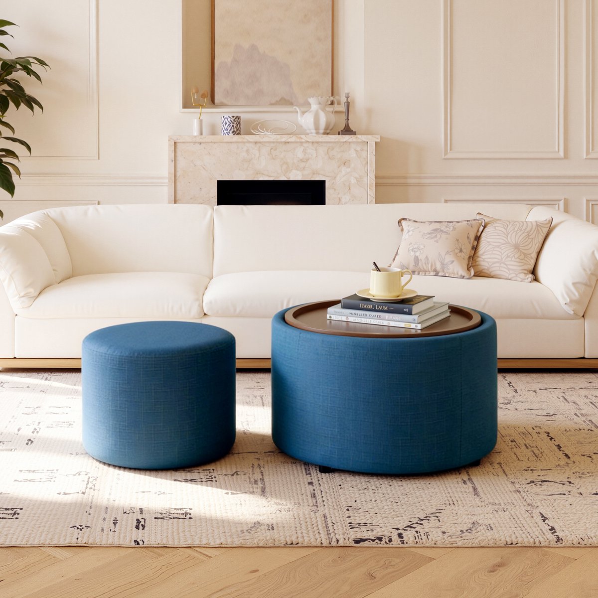 FloraGrace Hocker - 2-Delige Nesting Hockerset 58 Cm - Met Opbergruimte En Houten Blad - Voor Woonkamer Of Slaapkamer - Linnen - Blauw