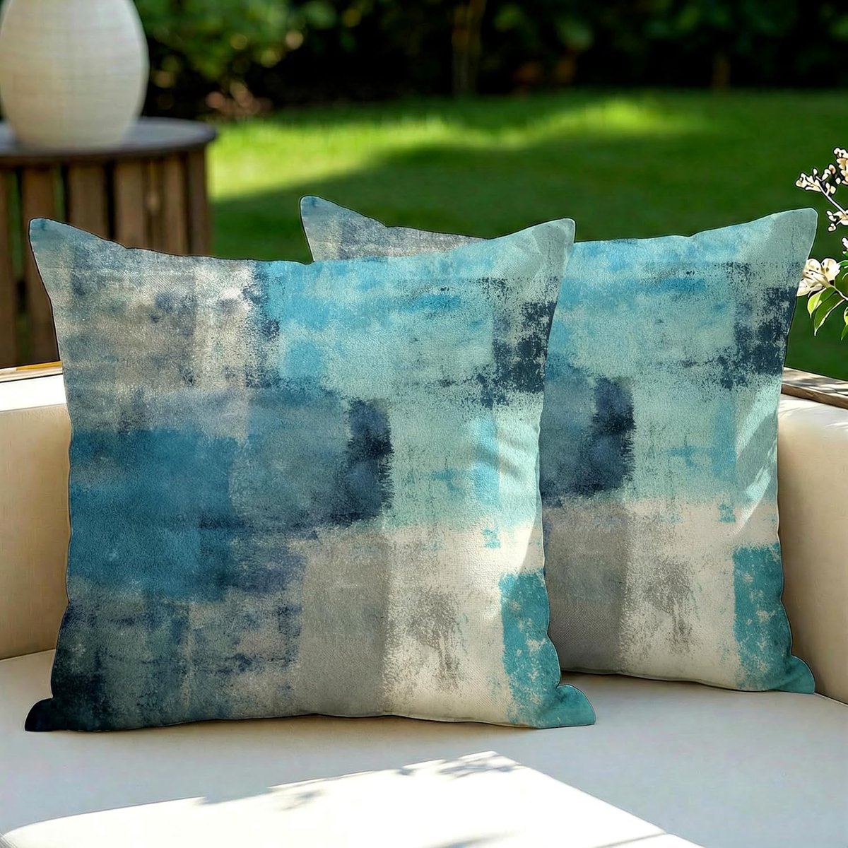 SnelShoppen - Set van 2 Buiten Kussenhoezen 40 x 40 cm, Blauw Groen, Waterdicht, Vintage Schilderij Design, Decoratieve Kussenhoezen voor Tuin en Balk