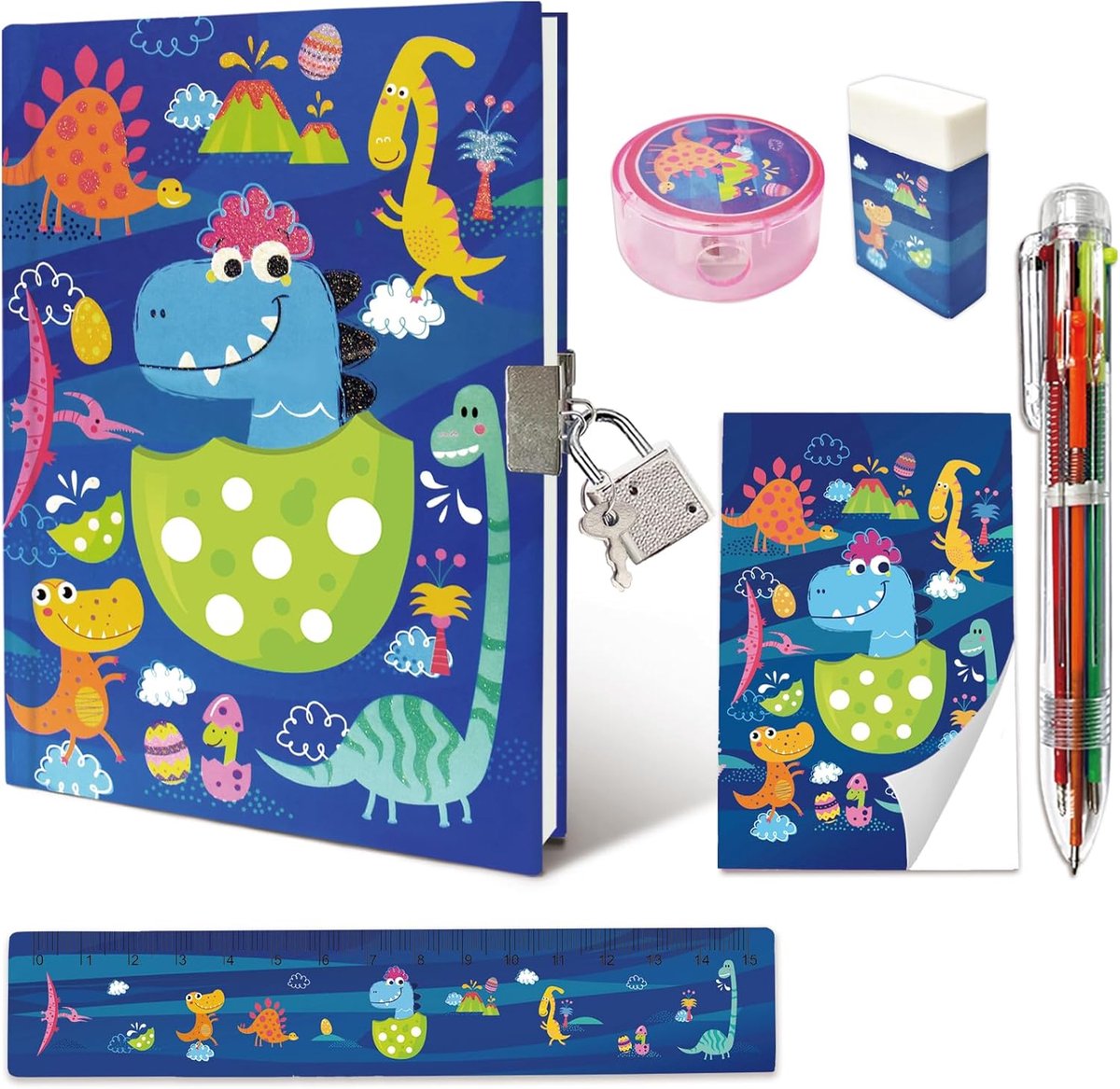 Thijox - Dagboek met Slot voor Jongens, Dinosaurus Geheim Dagboek Hardcover Notitieboek Set 17.8x13cm met Veelkleurig Pen, Liniaal, Puntenslijper, Gum