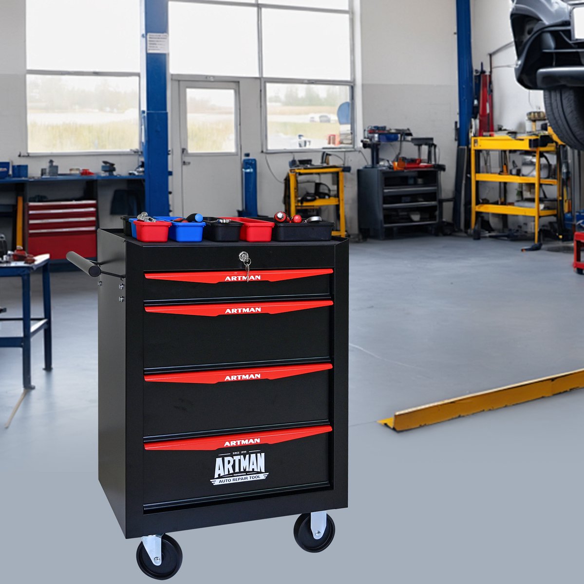 MODENUIT Gereedschapskar - 4 Lades Met Wielen En Slot - Voor Garage En Werkplaats - Staal - Zwart Rood