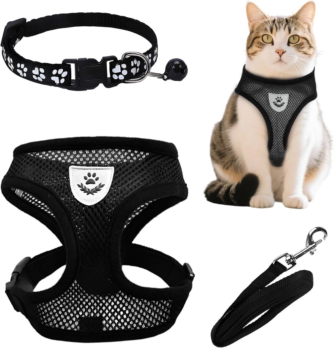 Thijox - Zwart Kattenharnas met Riem, Ontsnappingsbestendig, Verstelbaar, Zacht Ademend Kittenharnas met Belletje (S) voor Wandelen en Avonturen