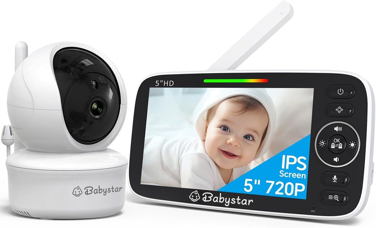 SnelShoppen - Babyfoon met camera 5 inch, 720p HD-video, zonder wifi, 2-weg audio, nachtzicht, temperatuursensor, 4000 mAh batterij, voor ouders, veil
